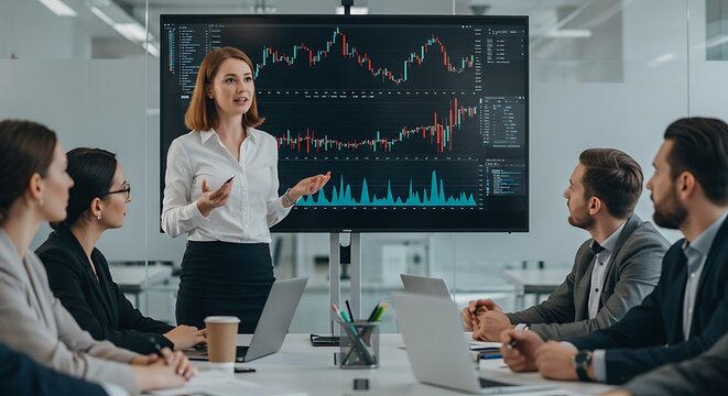 Confident Female Analyst Presents Stock Market Data to Attentive Team in a Modern Office
