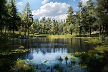 Fototapeta premium A scenic view of Tranquil Lake Surrounded By Pine Trees with vivid colors and atmospheric depth, perfect for travel and nature themes. 