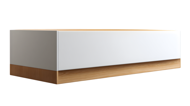 Sleek modern white reception desk with natural wood base creating an inviting and professional welcome space for any business.