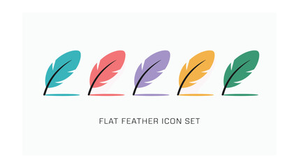Colorful Feather Icons Set: Flat Design Quill Illustrations in Teal, Pink, Purple, Yellow and Green for Creative Projects and Design Resources