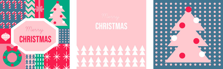 Modern pink Christmas vector set of banners or greeting cards with abstract trees, snowflakes and holiday decorations. 