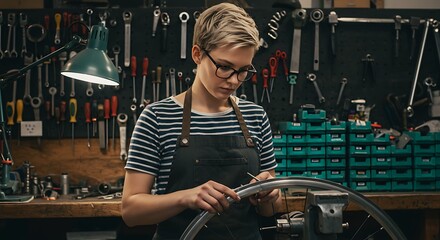 Focused Female Artisan Meticulously Truing a Bicycle Wheel in Her Workshop