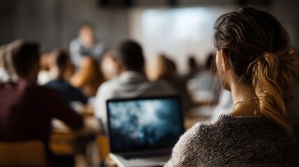 Student attending virtual lecture on laptop in online classroom