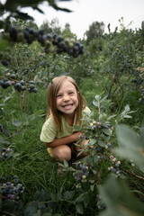 a child in a yellow T-shirt is sitting in a berry garden, smiling broadly