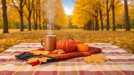 Cozy Autumn Picnic With Pumpkin Decor and Hot Beverage on a Blanket in a Scenic Fall Landscape