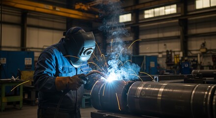 Focused Welder Illuminated by Intense Blue Arc and Golden Sparks in a Factory.