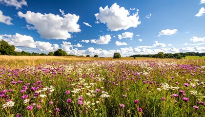 Colorful wildflowers field under a blue sky