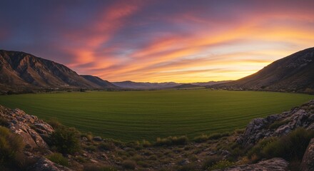 Serene Sunset over Vast Green Valley and Mountain Range