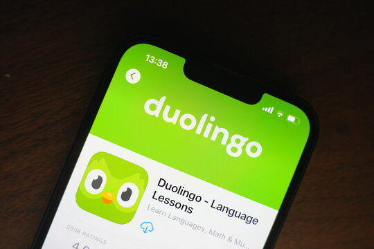 Roosendaal, The Netherlands - August 06, 2025: A smartphone displaying the logo of Duolingo in the App Store.