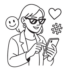 Stylish woman using smartphone, smiling, with social media icons