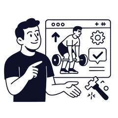 Person demonstrating fitness concepts with weightlifting illustration in background