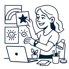 Creative person organizing artwork in workspace, smiling and engaged in productive activity