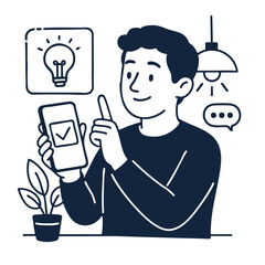 Person holding smartphone with checkmark, surrounded by lightbulb and chat icons, expressing
