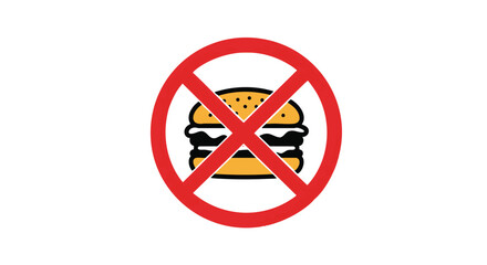 No fast food prohibition sign with a burger. Vector illustration symbolizing a healthy diet and warning against junk food.