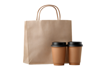 Brown bag with 2 coffee cups to go, isolated on white, PNG