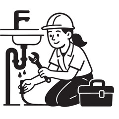 Plumber fixing sink with tools, wearing helmet, focused on work
