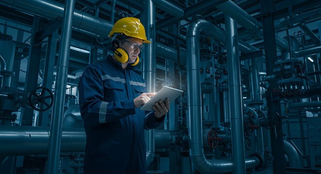 Focused Engineer with Glowing Tablet Navigates a Labyrinth of Industrial Pipes