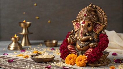 Fototapeta premium Golden Ganesha Statue Decorated for Puja with Flowers and Offerings