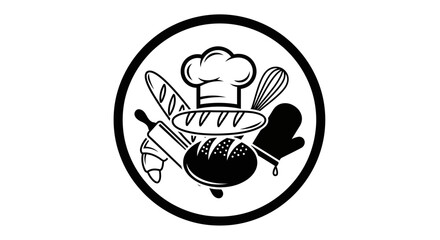 Flat lay monochrome illustration of baking tools: chef hat, bread, rolling pin, whisk, oven mitt, croissant; against a clean white background.