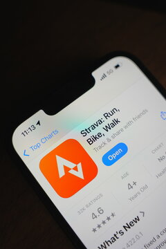 Roosendaal, The Netherlands - August 06, 2025: A smartphone displaying the logo of Strava in the App Store.