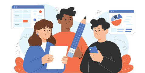 Team Collaboration with Data Screens and Tools – Concept of Business Planning, Analysis, Productivity, and Creative Workplace Synergy