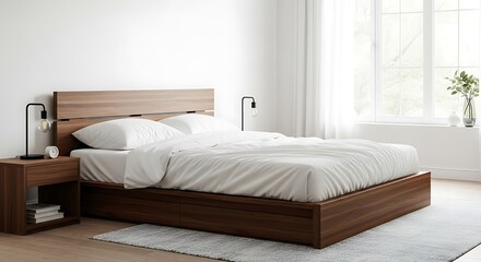 Wooden bed with storage drawers in a modern bedroom.