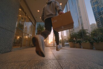 Person swiftly carrying a delivery package through a sunlit modern building.