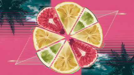 A surreal vaporwave collage of sliced fruits with glitch effects, neon gradients, and retro 80s vibe