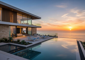 Luxury villa overlooking ocean at sunset with infinity pool
