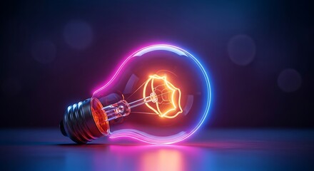 Clear glass light bulb outlined with vibrant blue and pink neon glow, its filament radiating warm orange light on a dark reflective surface.