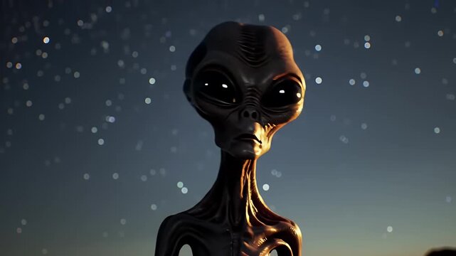 Detailed Portrait of Gray Alien With Large Black Eyes Starry Night Sky And Desert Landscape
