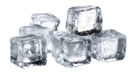 Close up of clear ice cubes arranged on a isolated on white transparent background perfect for refreshing beverages and summer themes