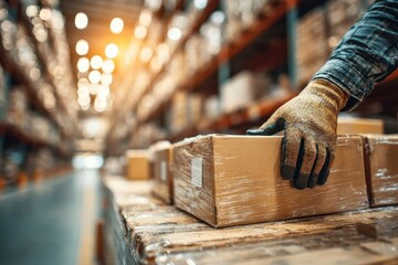 Gloved hand moving a packaged box on pallet in a busy, bright warehouse.