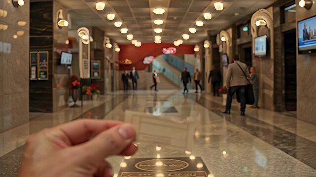 Hand holding torn movie ticket stub in modern transport station with people walking  