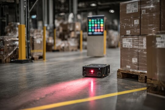 An autonomous mobile robot with a red light navigating a modern warehouse.