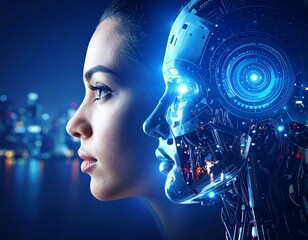 A woman's profile blending with a futuristic robot head, overlooking a city at night