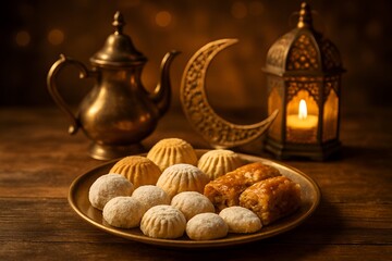 Warm Glow of Ramadan Sweets A Golden Tray Featuring Tea Pot Crescent Moon and Lantern Symbolizing Celebration and Tradition