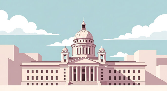 Fototapeta Serene panoramic illustration of a grand neoclassical structure under a pastel sky evokes