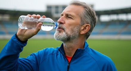 Active Senior Man with Grey Beard Hydrating at an Outdoor Stadium