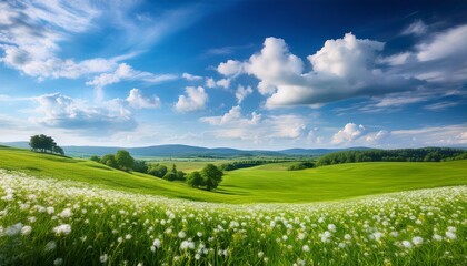 Fototapeta premium a serene landscape of lush green fields dotted with white flowers under a bright blue sky and fluffy clouds