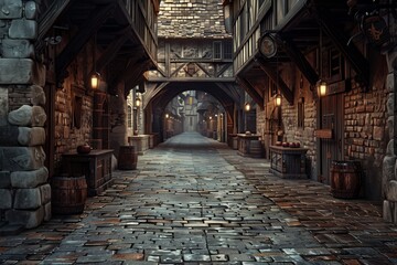 A beautifully designed cobblestone street with rustic stone buildings and vintage lamp posts, evoking a timeless charm.