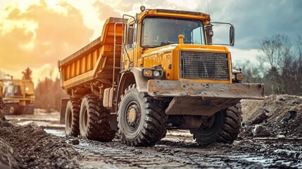 Obraz premium A yellow dump truck with an orange body and large tires driving on a dirt road with a sunset in the background.