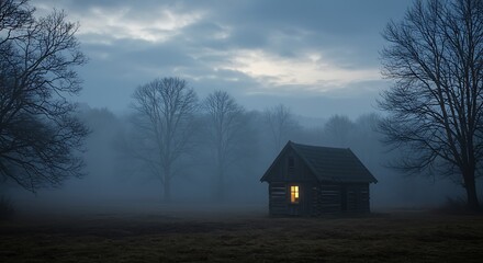 Solitary Light: A Rustic Hut Amidst Bare Trees and Eerie Twilight Fog