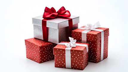 Obraz premium A festive arrangement of red and silver gift boxes with decorative bows on a white background.