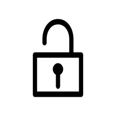 Open padlock icon in black outline showing security and access with a simple minimalist design style image
