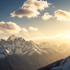 Fototapeta premium Mountain peaks bathed in golden sunlight.