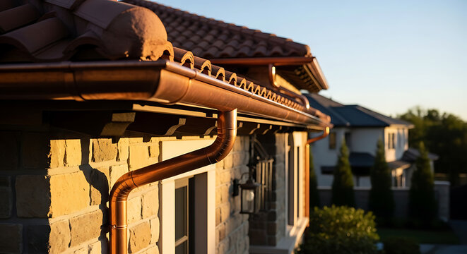Detailed copper rain gutters installation with tiled roof and brick facade residential home at