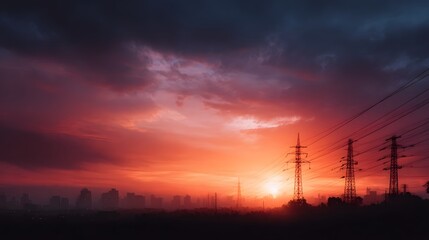 Dramatic city skyline with power lines at sunset
