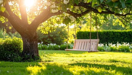 Tree Swing in Summer Garden with Sunlight