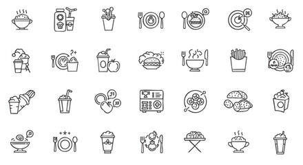 Food and drink line icon set. A collection of minimalist outline symbols for restaurants, cafes, and delivery services.